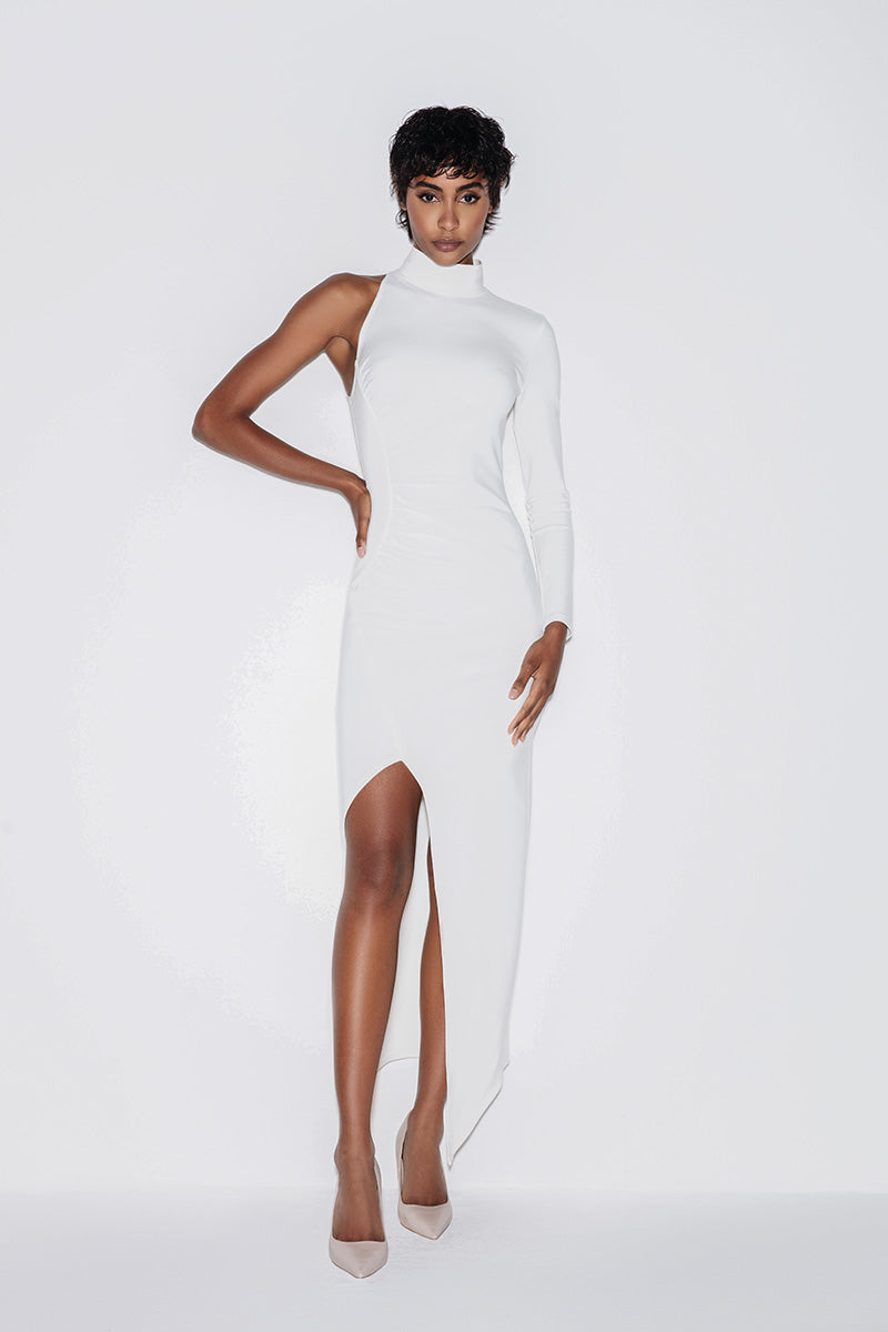 TURTLENECK ASYMMETRIC MIDI DRESS IN WHITE