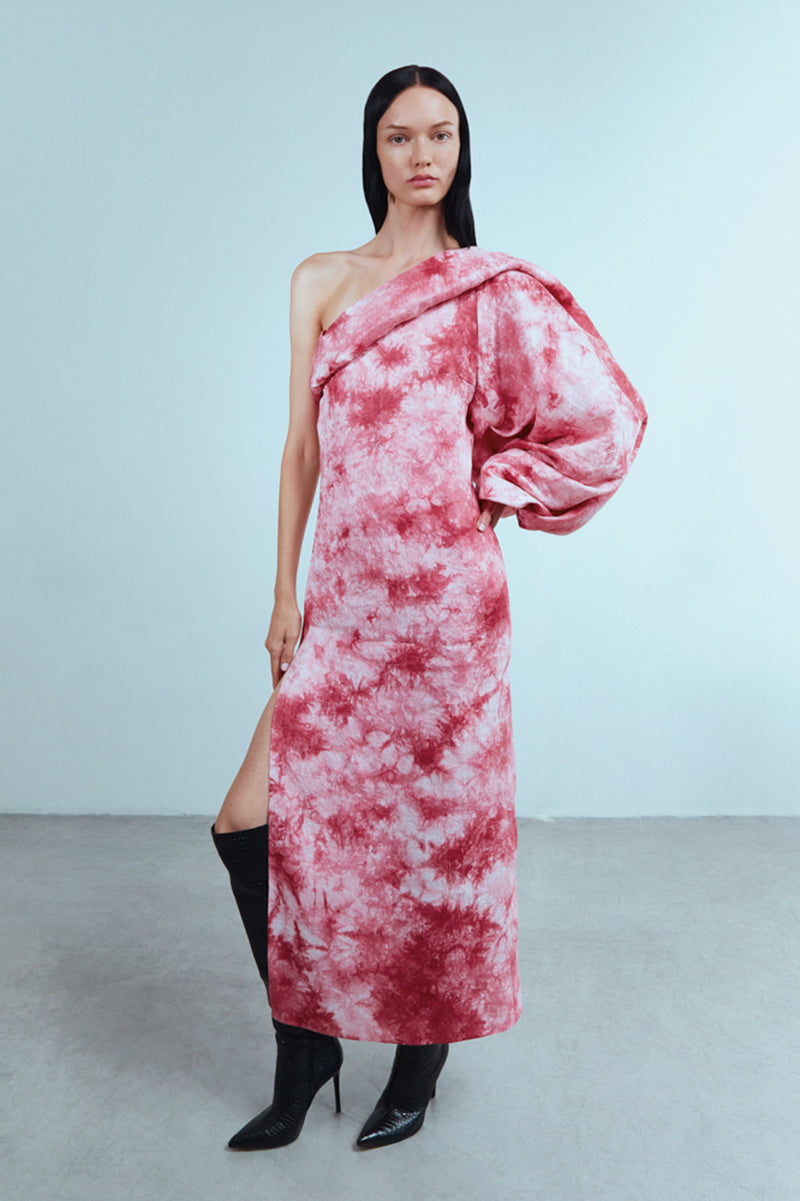 RED TIE DYE SILK MAXI DRESS