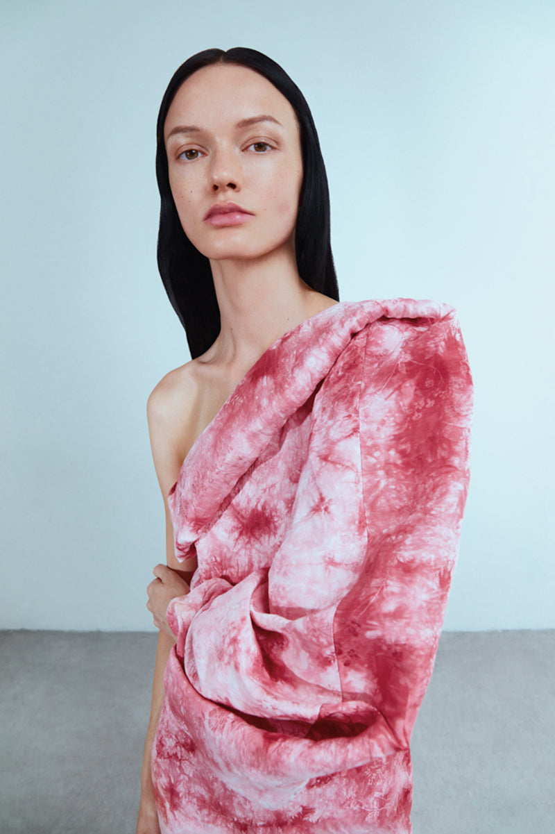RED TIE DYE SILK MAXI DRESS