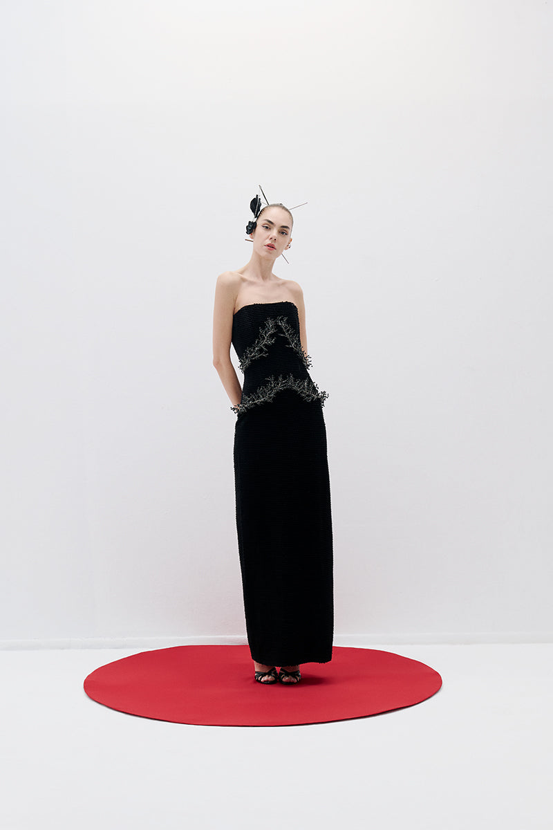 VELVET SEQUIN MAXI DRESS IN BLACK