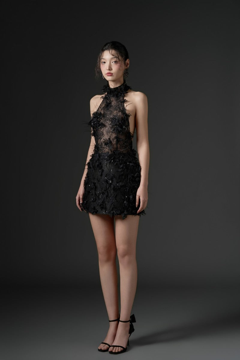 ASAD LACE FLOWER AND FEATHER DRESS IN BLACK