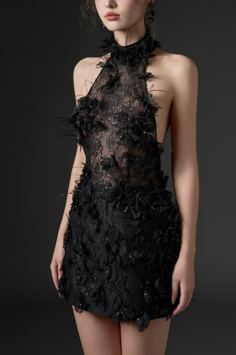ASAD LACE FLOWER AND FEATHER DRESS IN BLACK