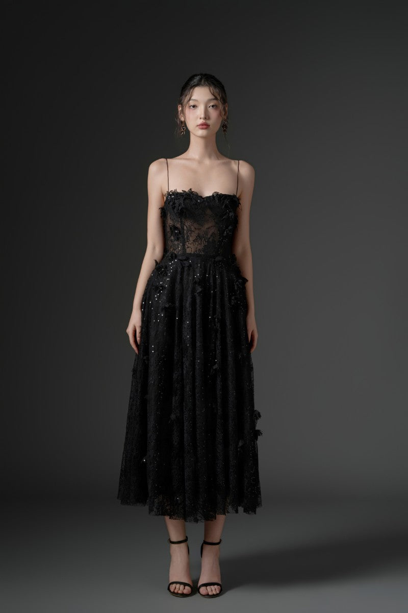 GHAZAL LACE STRAPPY DRESS IN BLACK