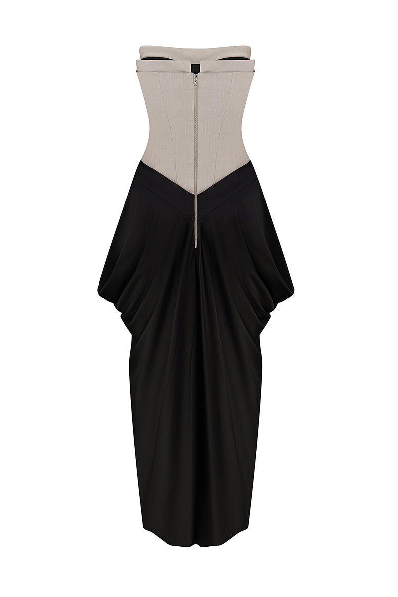 TAUPE CORSET DRESS WITH A SILK SKIRT