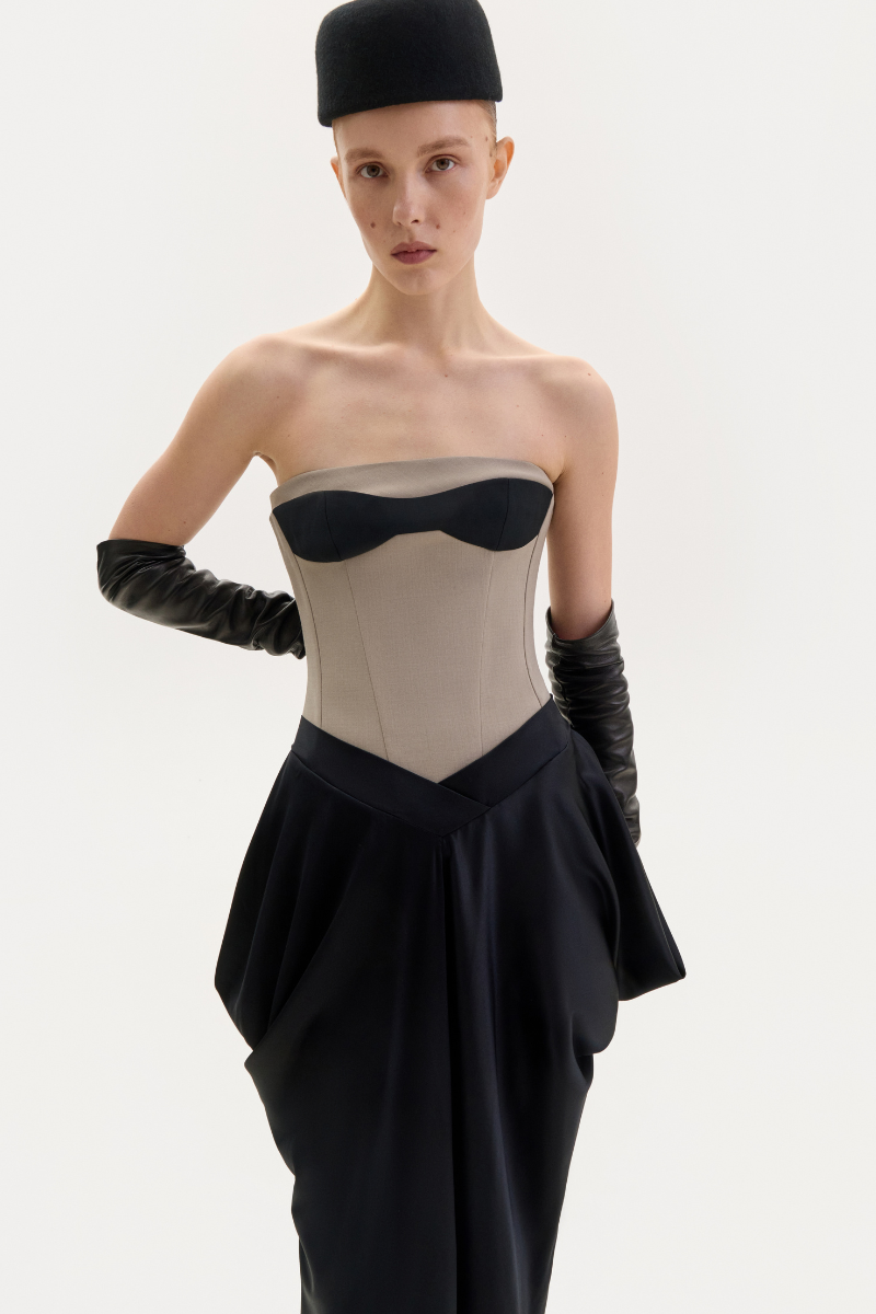 TAUPE CORSET DRESS WITH A SILK SKIRT