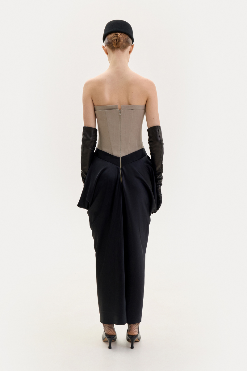 TAUPE CORSET DRESS WITH A SILK SKIRT