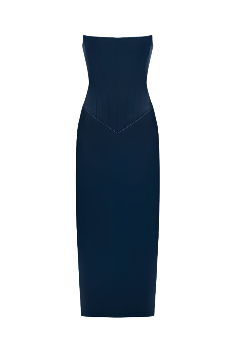 TWO SIDED TIBI MIDI DRESS IN NAVY-BLUE