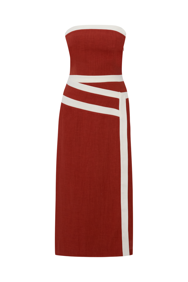 ELENA STRAPLESS TERRACOTTA LINEN TAPE DRESS