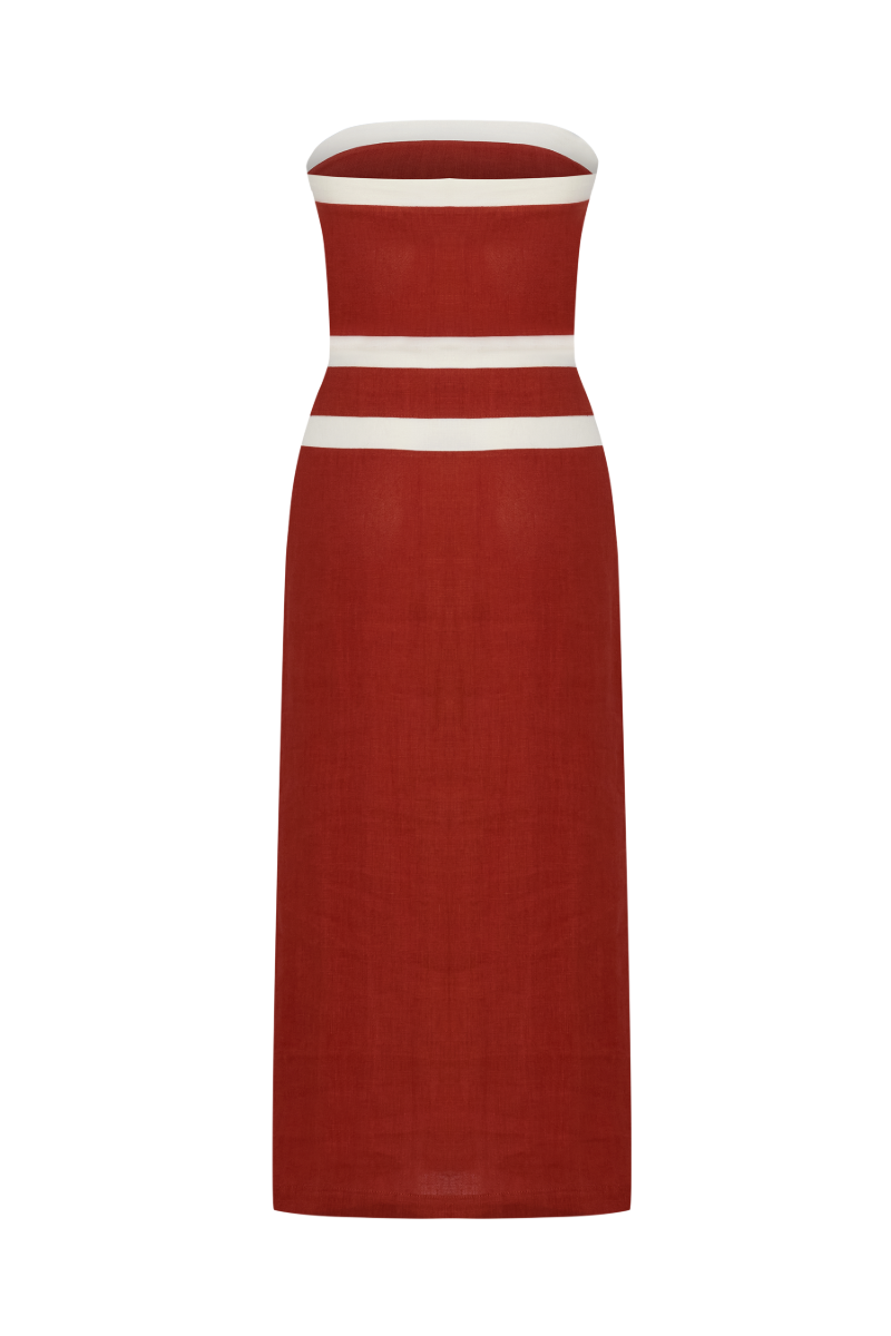 ELENA STRAPLESS TERRACOTTA LINEN TAPE DRESS