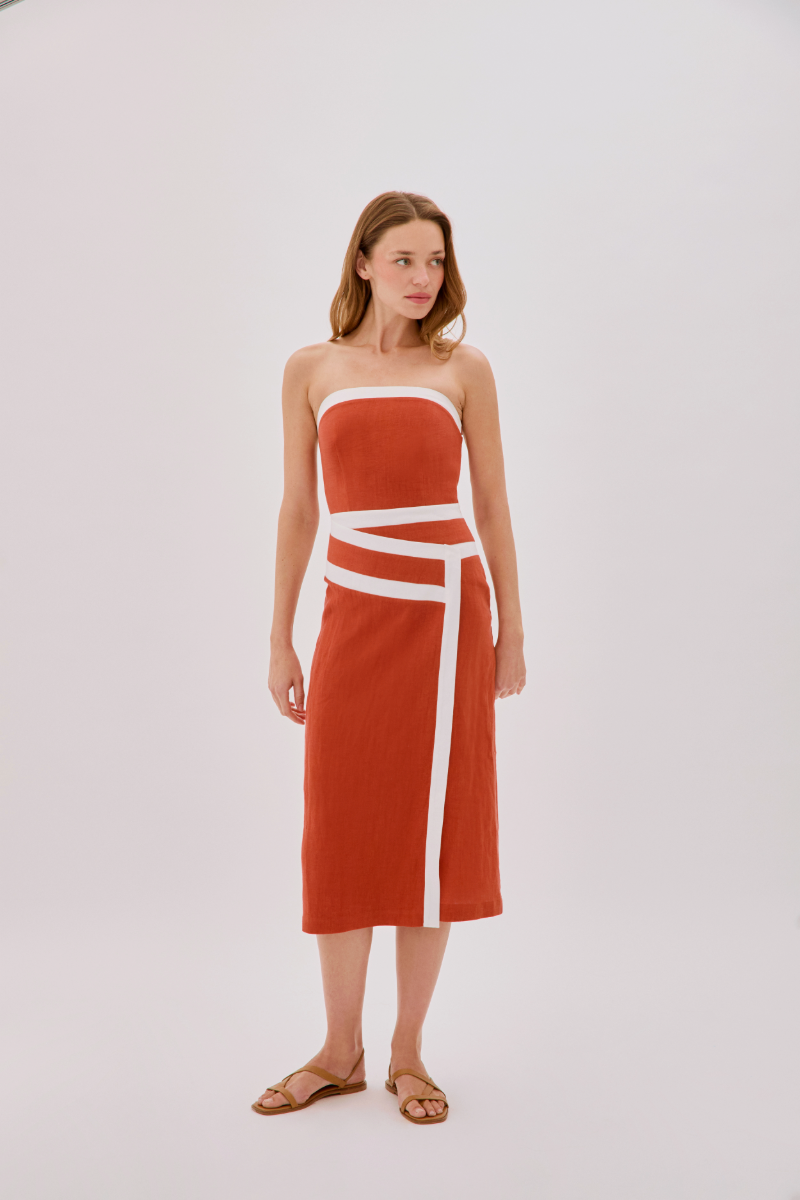 ELENA STRAPLESS TERRACOTTA LINEN TAPE DRESS