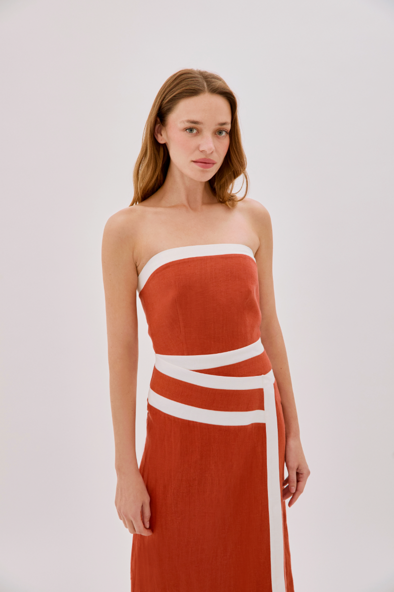 ELENA STRAPLESS TERRACOTTA LINEN TAPE DRESS