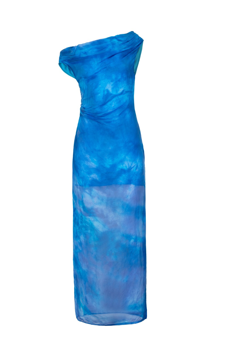 OFF-SHOULDER MAXI DRESS IN HAND-DYED BLUE