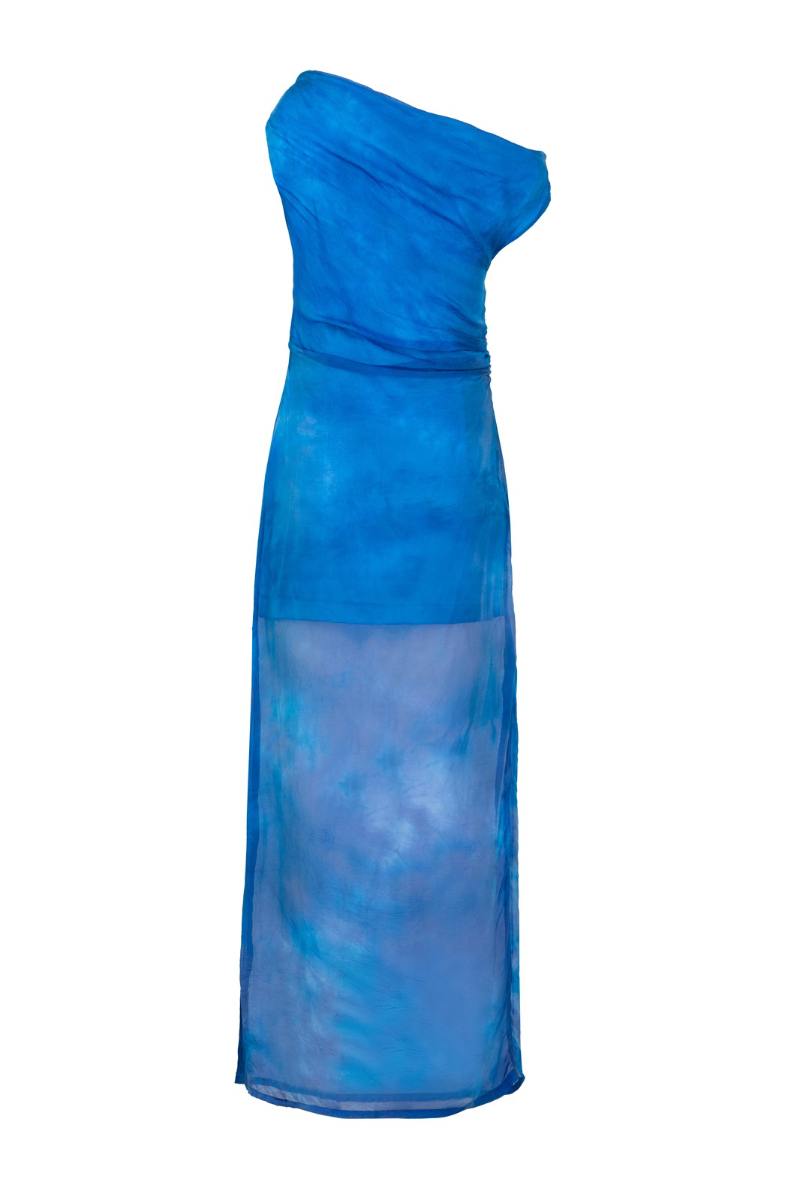 OFF-SHOULDER MAXI DRESS IN HAND-DYED BLUE