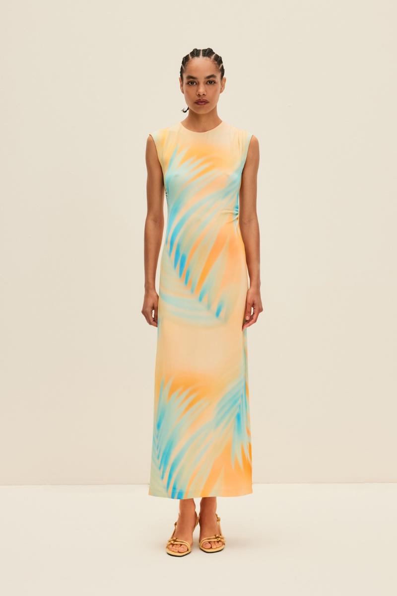 STRETCH-JERSEY DRESS IN TROPICAL SUNSET PRINT