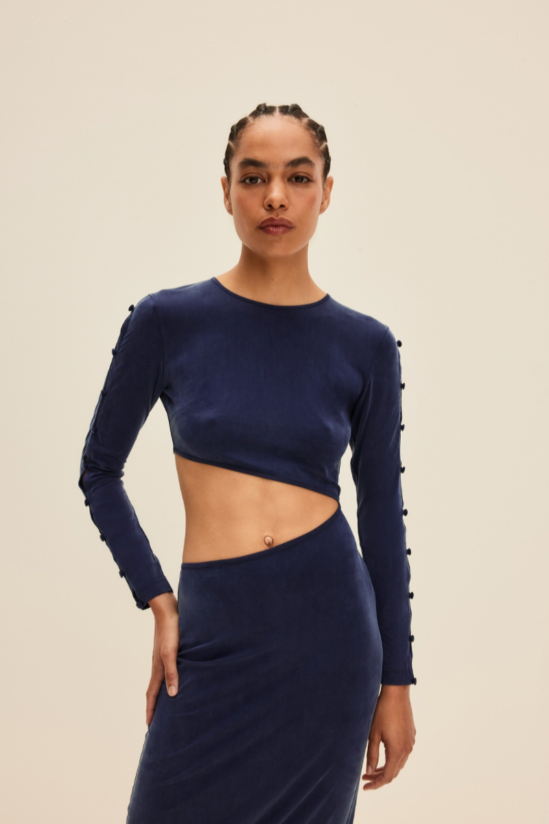 LONG SLEEVE CUT-OUT DRESS IN DEEP BLUE