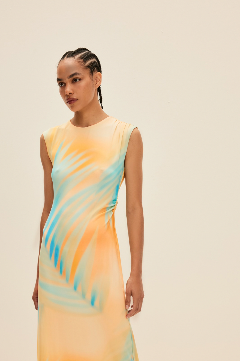 STRETCH-JERSEY DRESS IN TROPICAL SUNSET PRINT