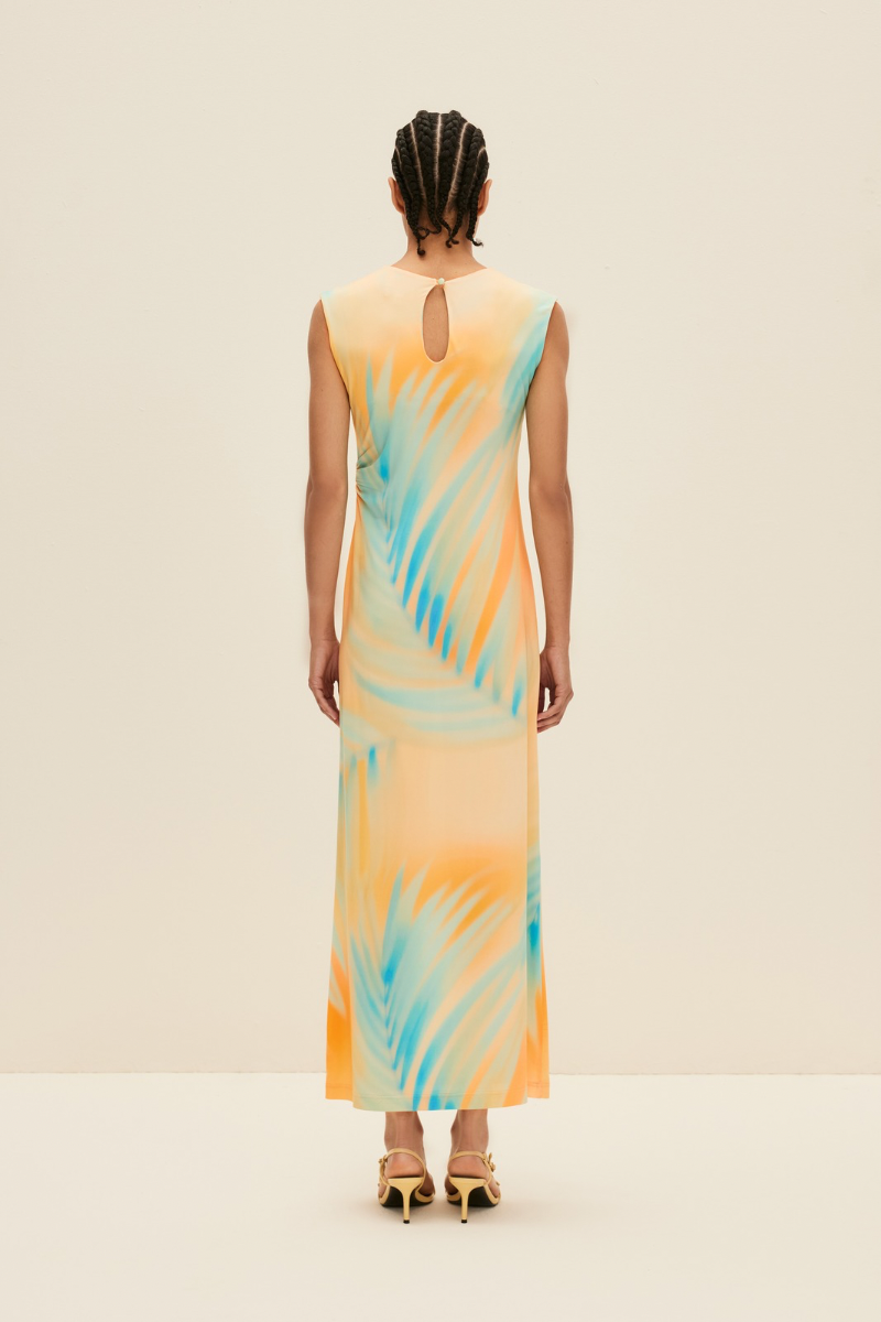 STRETCH-JERSEY DRESS IN TROPICAL SUNSET PRINT