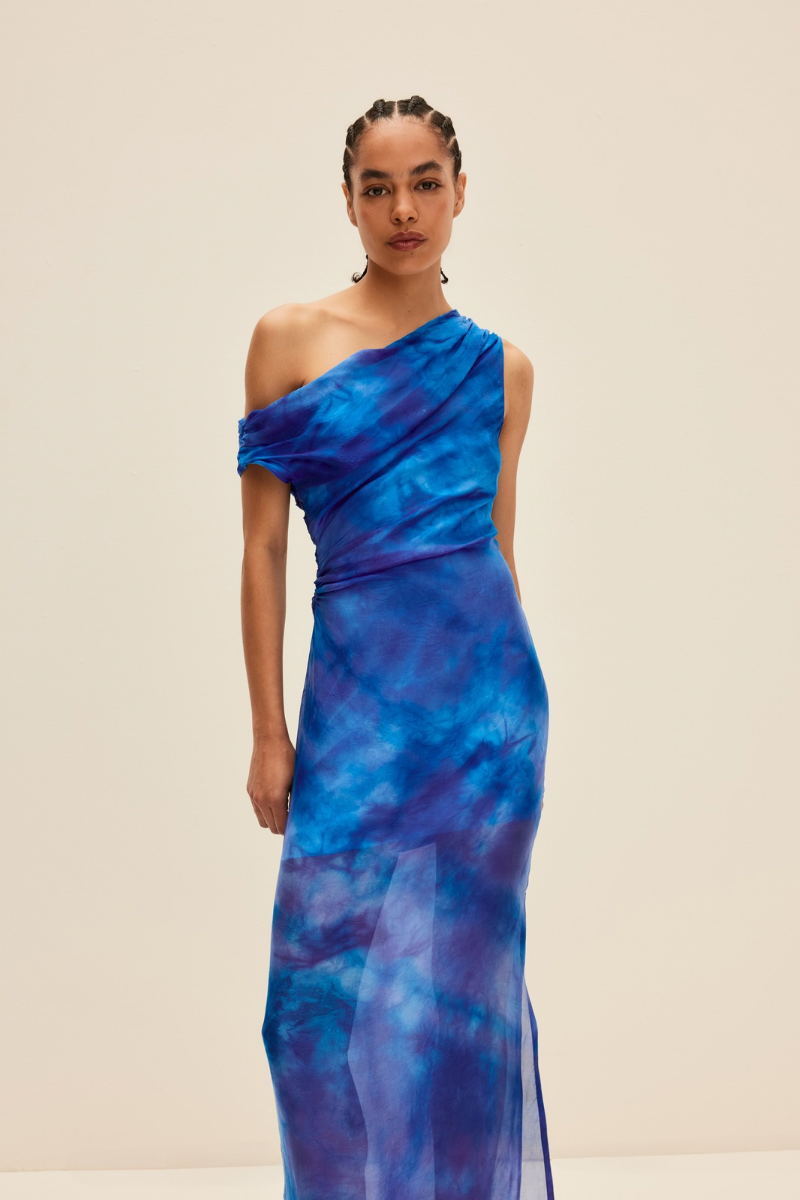 OFF-SHOULDER MAXI DRESS IN HAND-DYED BLUE