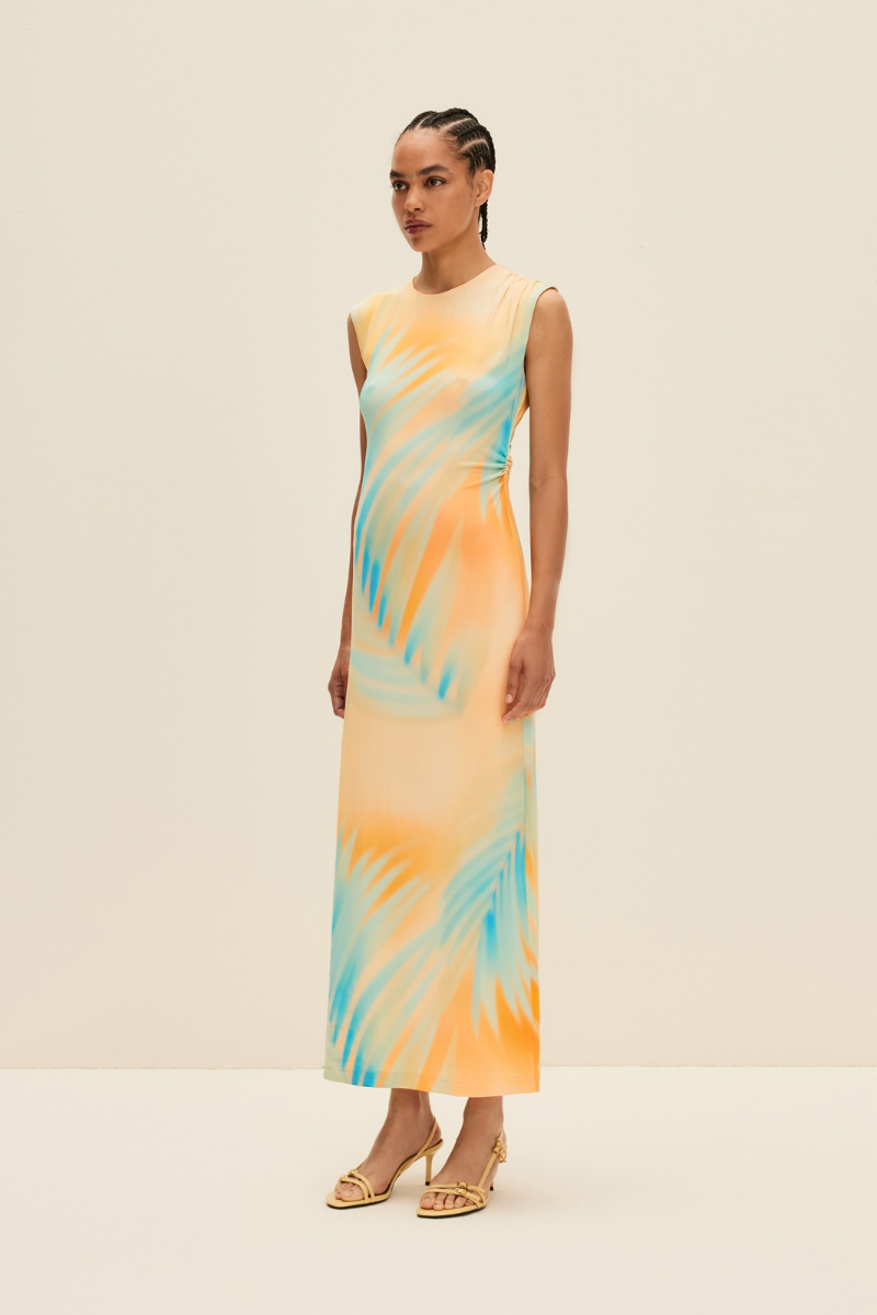 STRETCH-JERSEY DRESS IN TROPICAL SUNSET PRINT