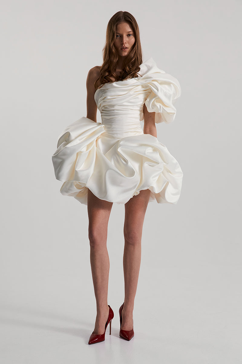 BISOU MINI DRESS SATIN IN OFF-WHITE