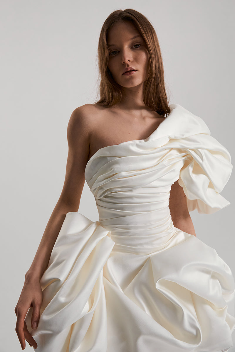 BISOU MINI DRESS SATIN IN OFF-WHITE