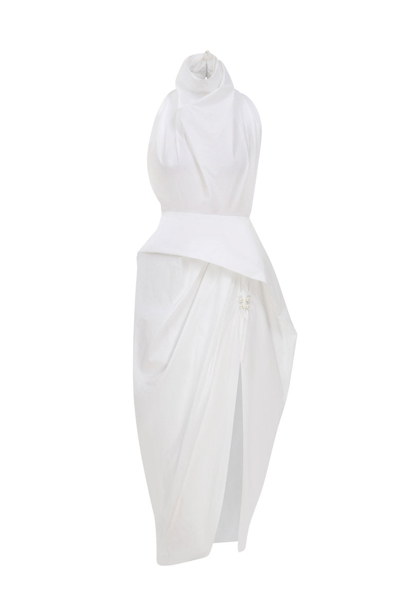 DRAPED MAXI DRESS WITH PEARL BUTTONS