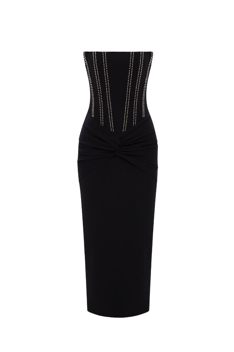 CORSET DETAILED STRAPLESS MIDI DRESS IN BLACK