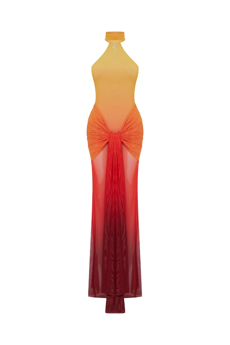 SUNSET BACKLESS PRINTED TULLE DRESS
