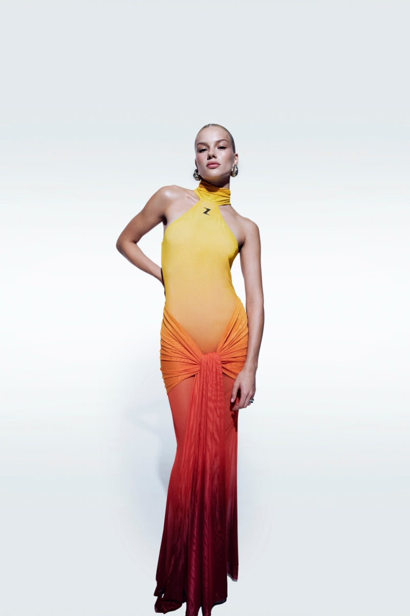 SUNSET BACKLESS PRINTED TULLE DRESS