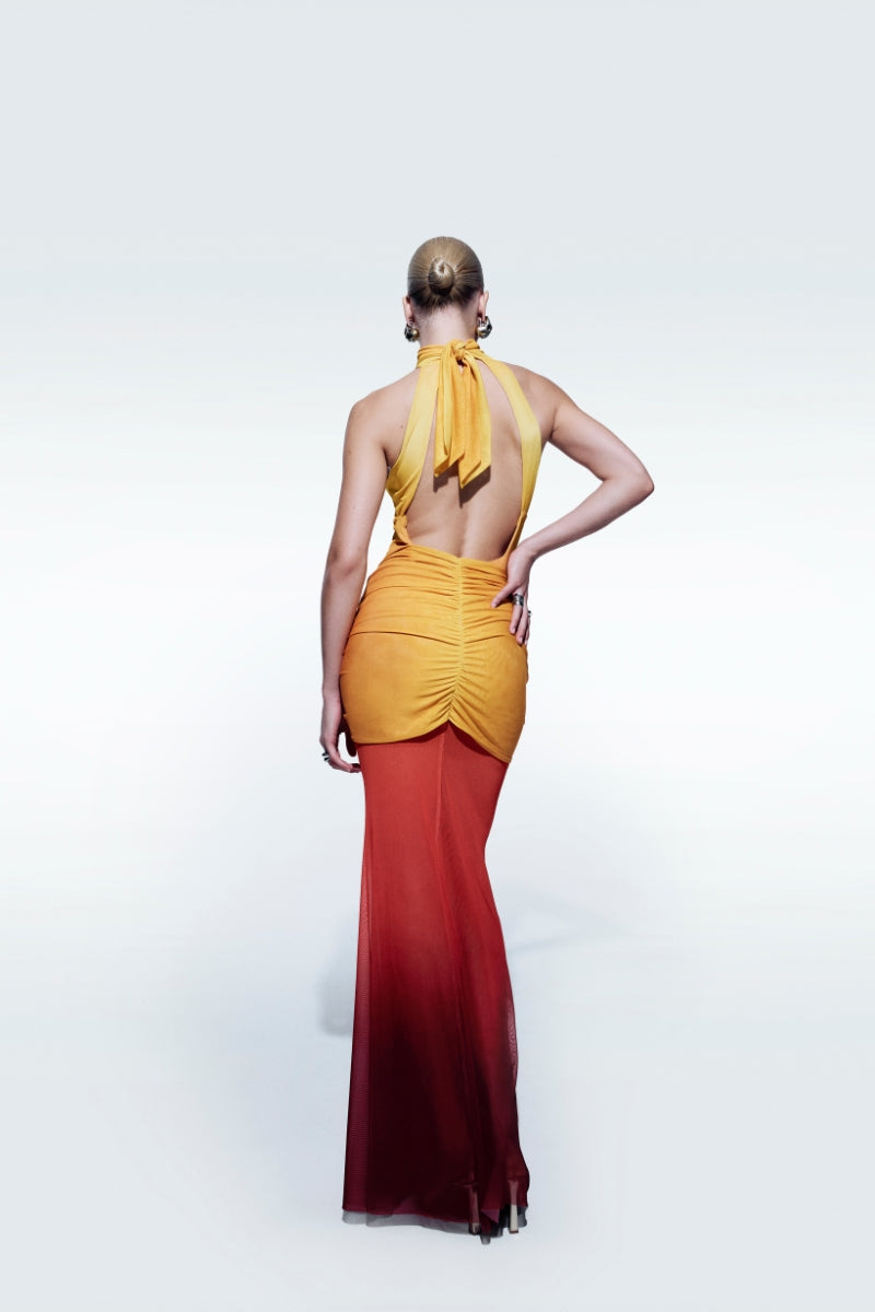 SUNSET BACKLESS PRINTED TULLE DRESS