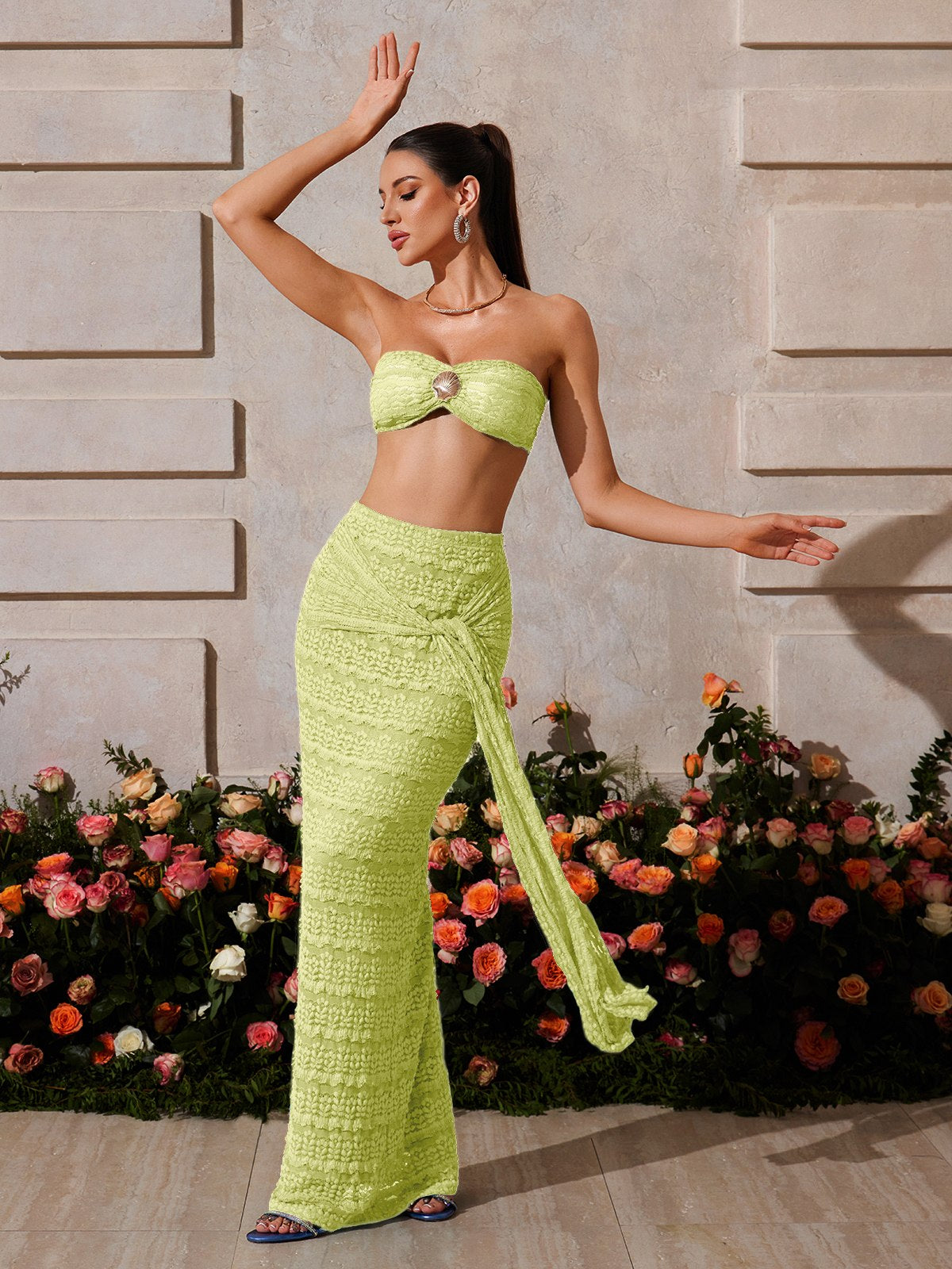 Zyrndis Strapless Seashell Skirt Set In Green