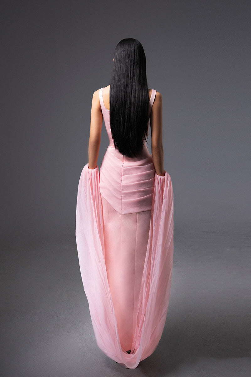 CULT MIA X HAPPY CLOTHING SIENNA COLD SHOULDER TAFFETA MAXI DRESS IN PINK