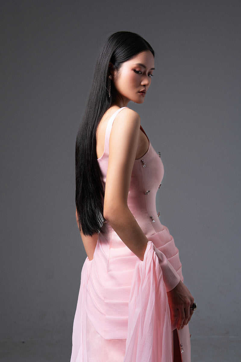 CULT MIA X HAPPY CLOTHING SIENNA COLD SHOULDER TAFFETA MAXI DRESS IN PINK