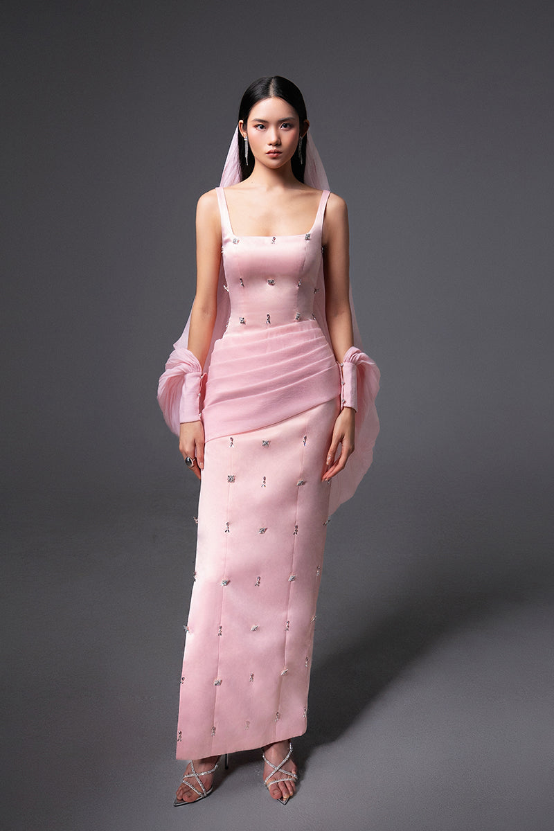 CULT MIA X HAPPY CLOTHING SIENNA COLD SHOULDER TAFFETA MAXI DRESS IN PINK