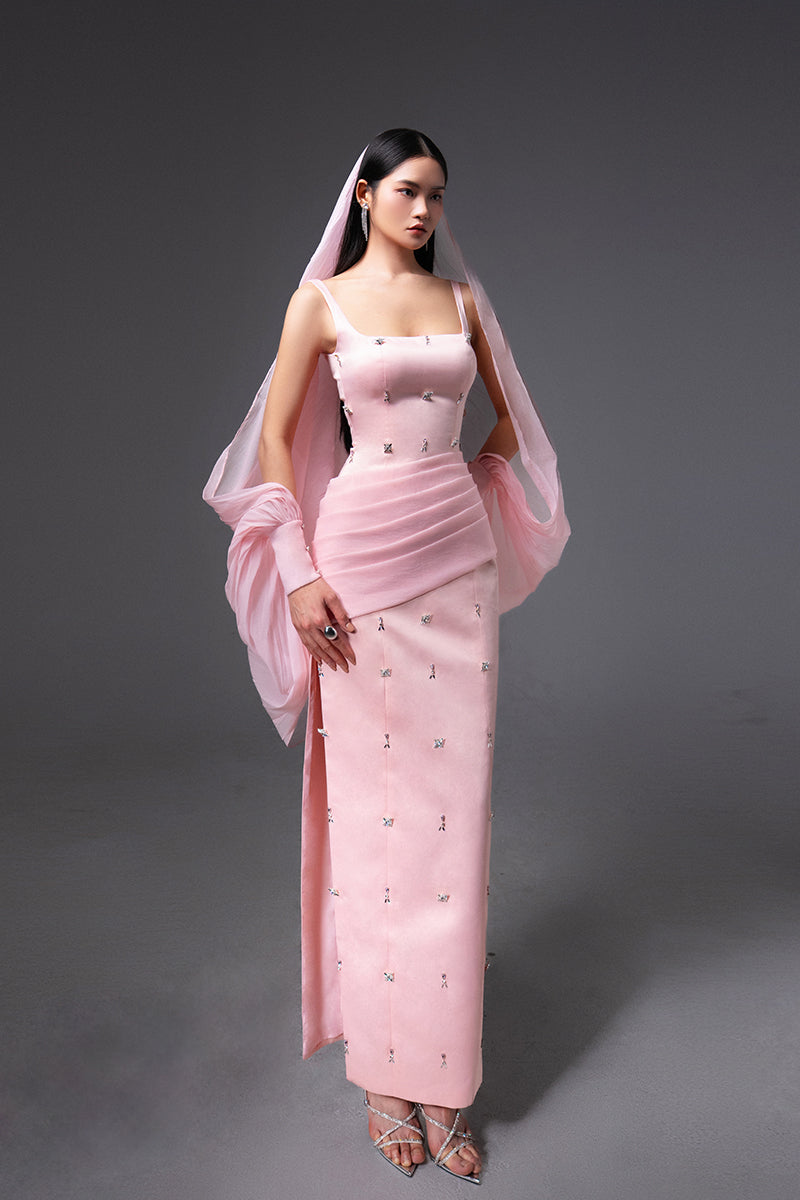 CULT MIA X HAPPY CLOTHING SIENNA COLD SHOULDER TAFFETA MAXI DRESS IN PINK
