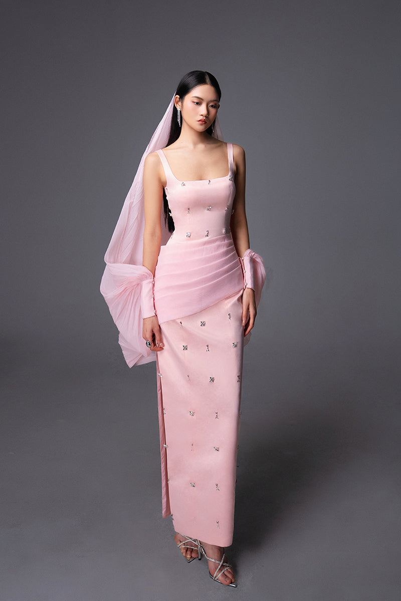 CULT MIA X HAPPY CLOTHING SIENNA COLD SHOULDER TAFFETA MAXI DRESS IN PINK