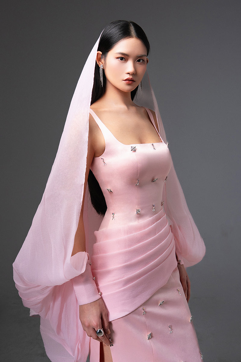 CULT MIA X HAPPY CLOTHING SIENNA COLD SHOULDER TAFFETA MAXI DRESS IN PINK