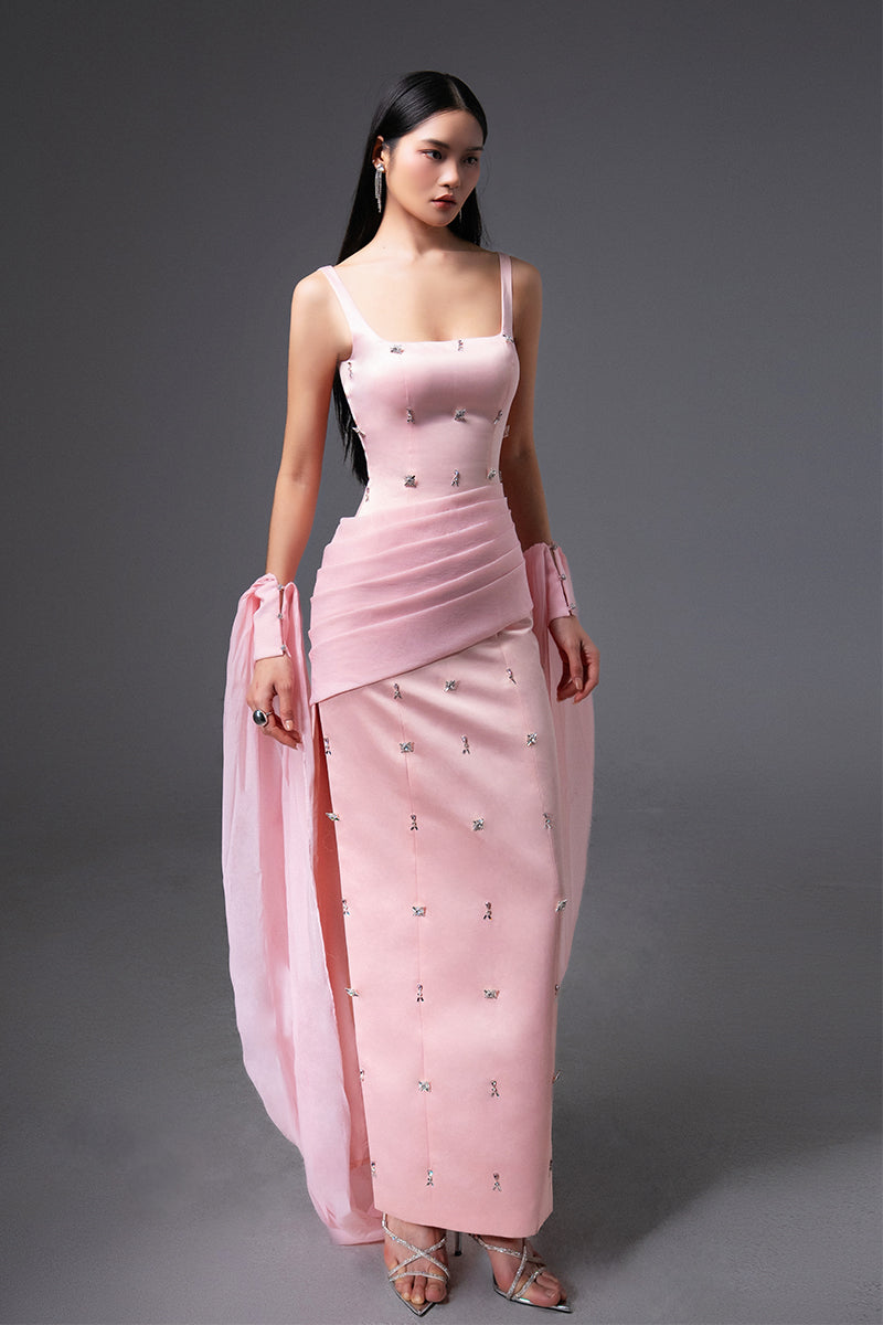 CULT MIA X HAPPY CLOTHING SIENNA COLD SHOULDER TAFFETA MAXI DRESS IN PINK