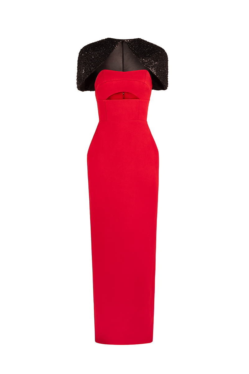 STRAPLESS TUBE DRESS WITH CAPE IN RED