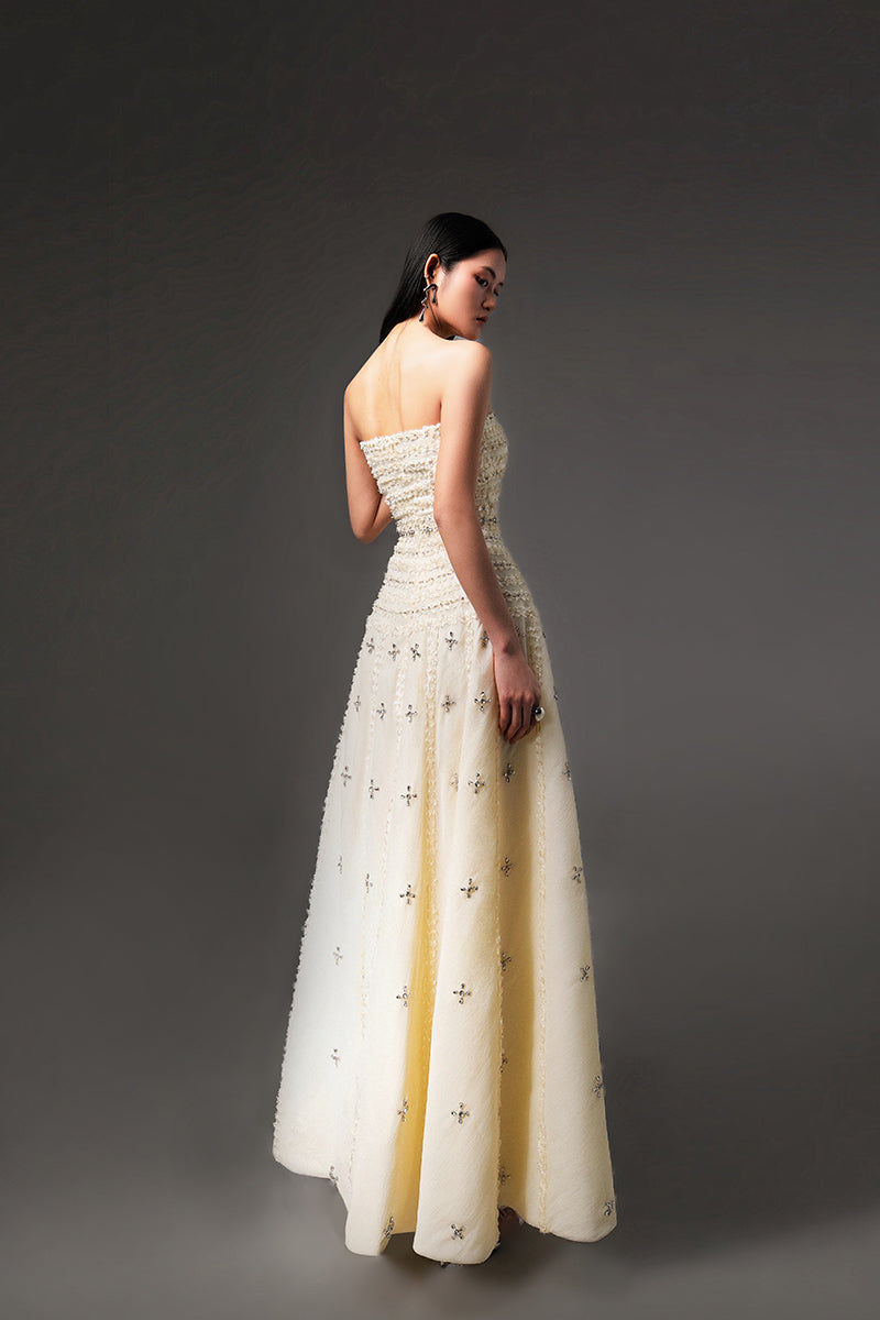 CULT MIA X HAPPY CLOTHING TERRY STRAPLESS STONE ORGANZA MAXI DRESS IN LIGHT YELLOW