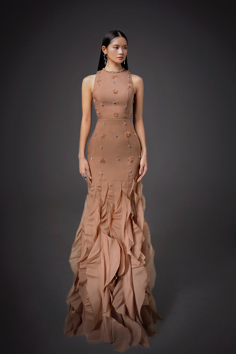 CULT MIA X HAPPY CLOTHING POTTER MERMAID ORGANZA MAXI DRESS IN BROWN