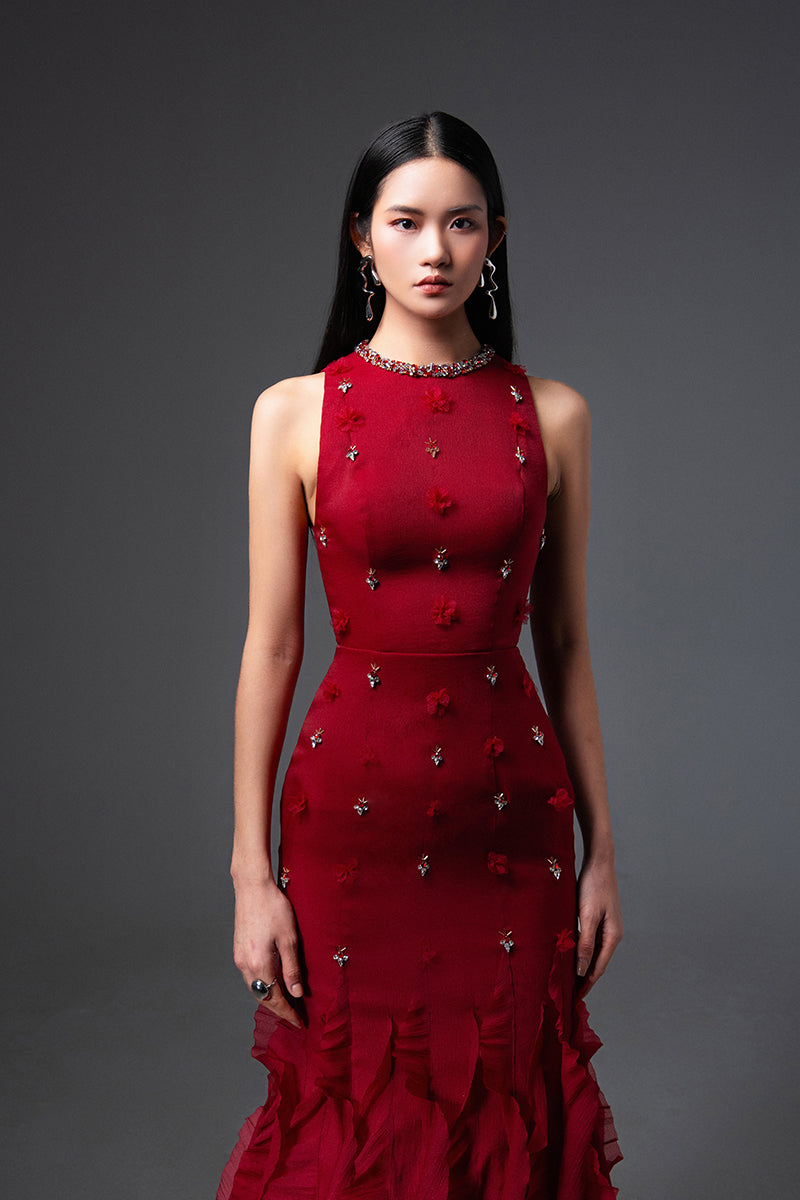 CULT MIA X HAPPY CLOTHING POTTER MERMAID ORGANZA MAXI DRESS IN RED