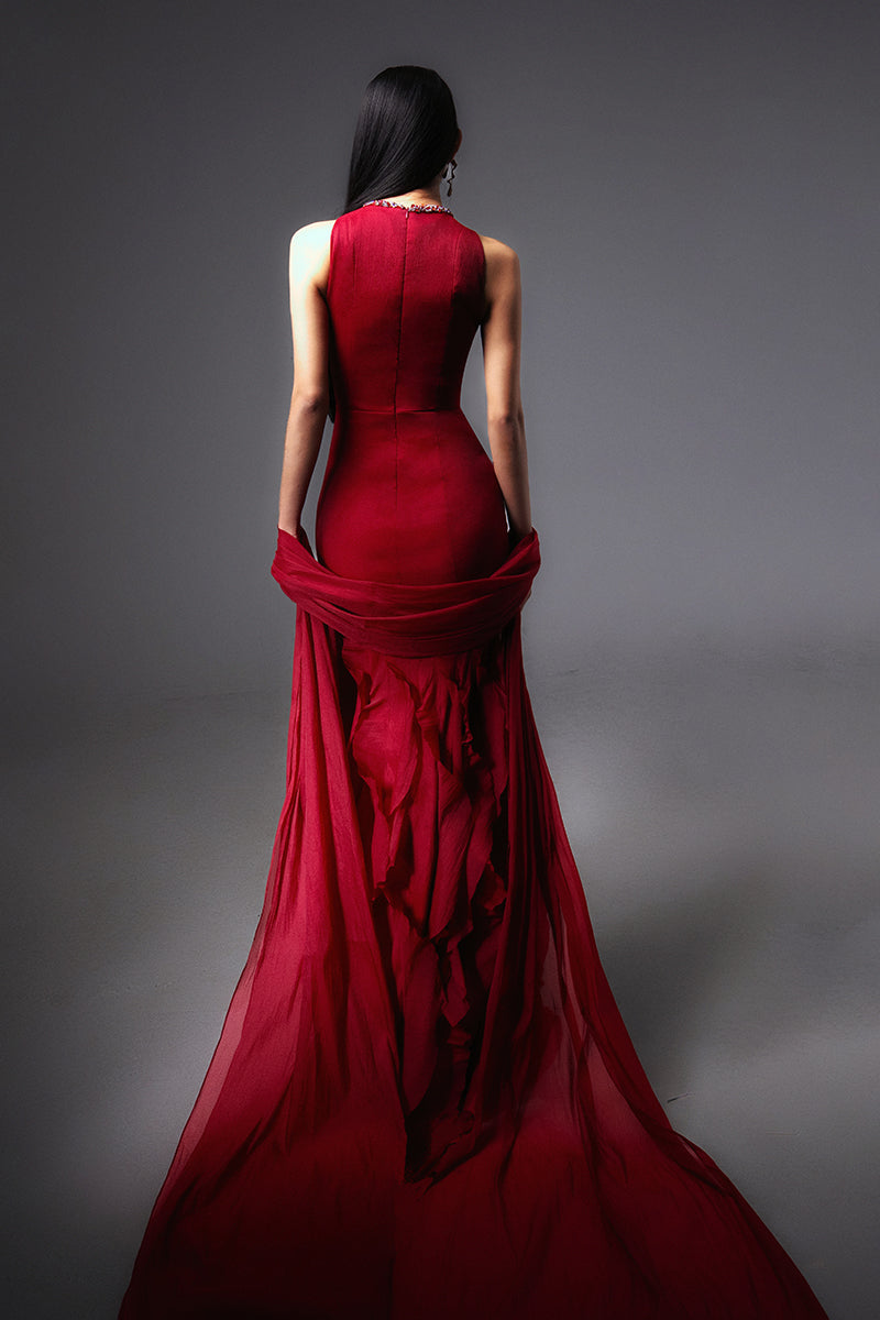 CULT MIA X HAPPY CLOTHING POTTER MERMAID ORGANZA MAXI DRESS IN RED