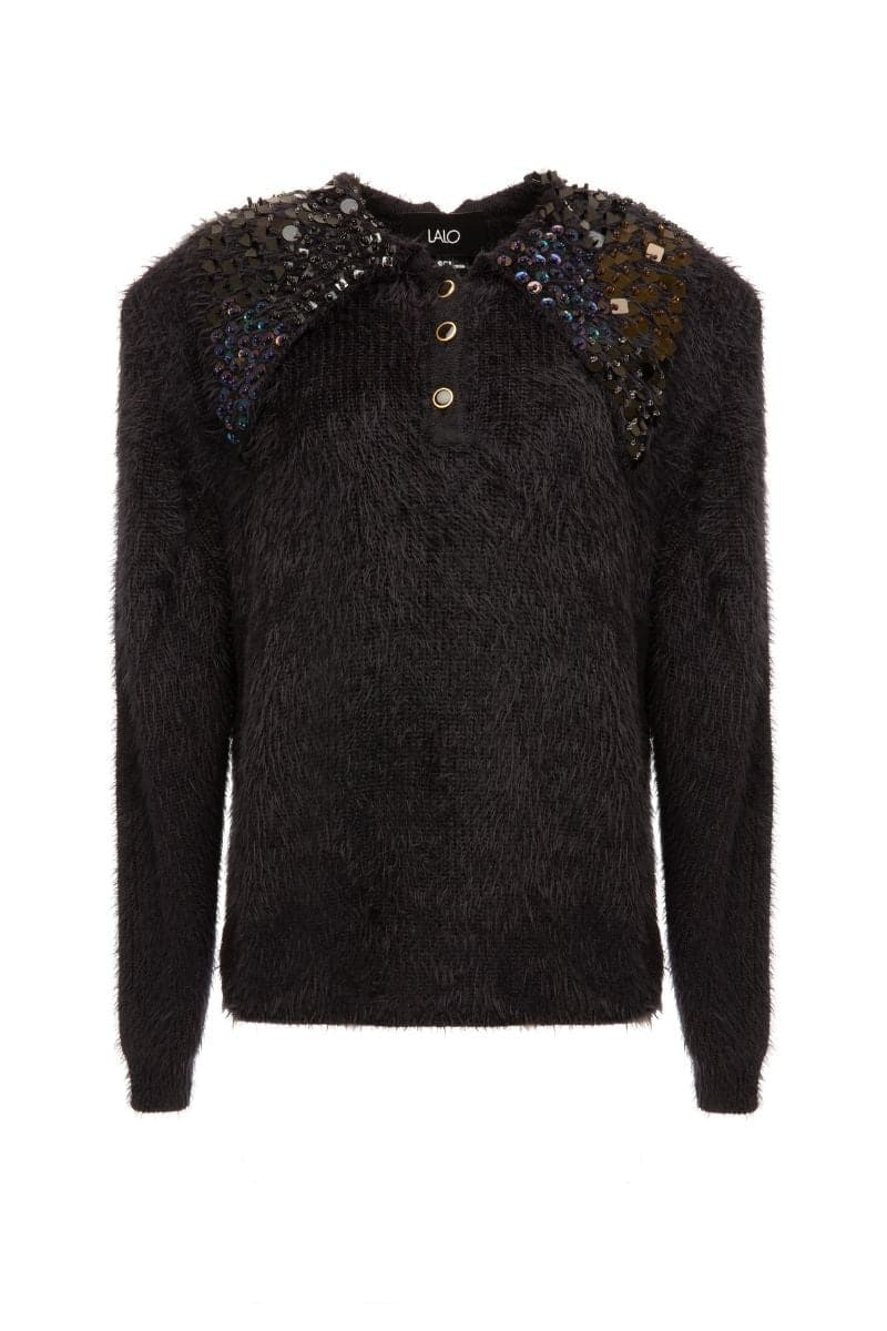 EMBELLISHED COLLARED BLACK SWEATER