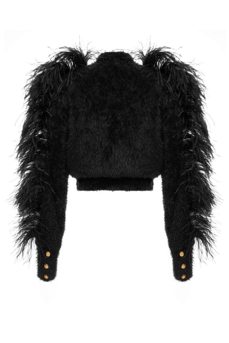 FEATHERED SHOULDER BLACK SWEATER