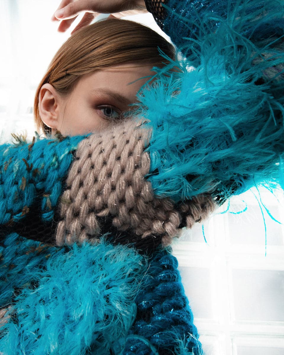 WOOL-BLEND FRINGED BLUE LONG-LINE CARDIGAN