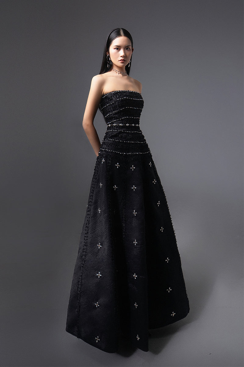 CULT MIA X HAPPY CLOTHING TERRY STRAPLESS STONE ORGANZA MAXI DRESS IN BLACK