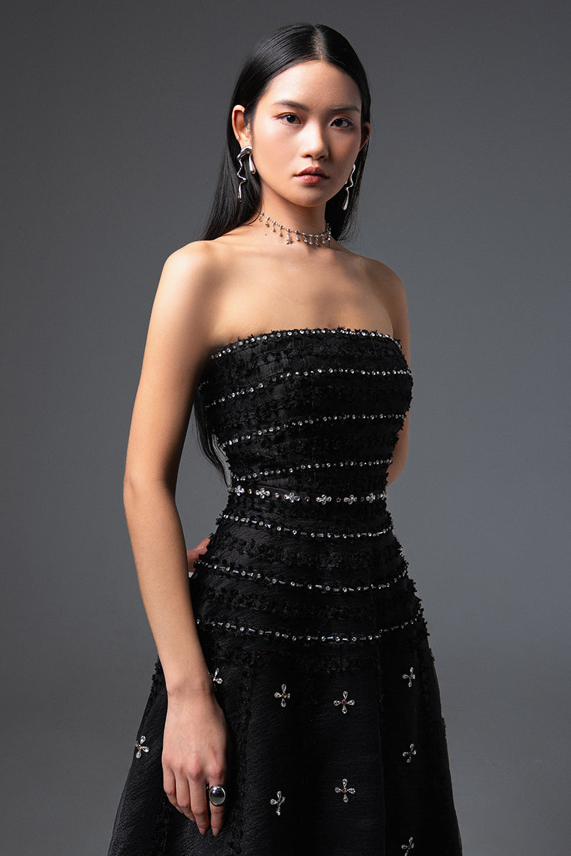 CULT MIA X HAPPY CLOTHING TERRY STRAPLESS STONE ORGANZA MAXI DRESS IN BLACK