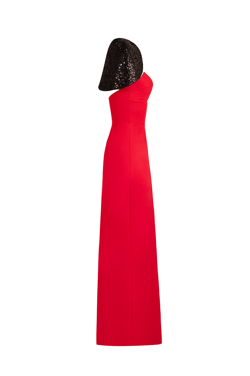 STRAPLESS TUBE DRESS WITH CAPE IN RED