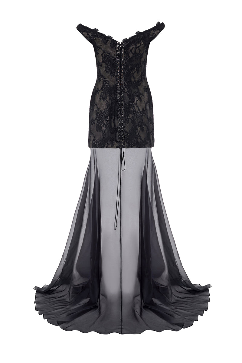 LACE AND CHIFFON DRESS IN BLACK